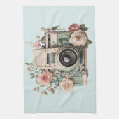 Camera with Flowers Retro Pastel Image Theedoek (Verticaal)
