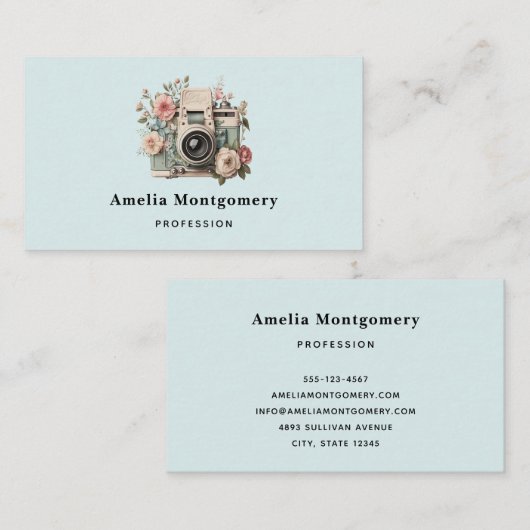 Camera with Flowers Retro Pastel Image Visitekaartje (Voorkant / Achterkant)