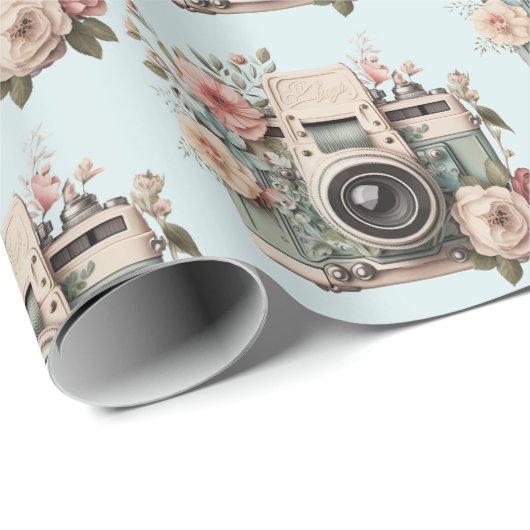 Camera with Flowers Retro Pastel Pattern Cadeaupapier (Rol Hoek)