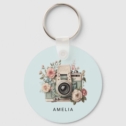 Camera with Flowers Retro Pastel Sleutelhanger (Voorkant)