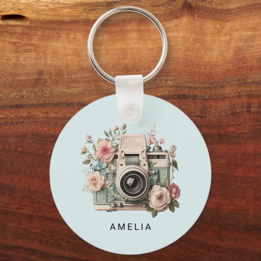 Camera with Flowers Retro Pastel Sleutelhanger (Achterkant)