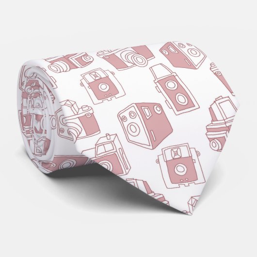  camera's retro patroon (wit / roze) stropdas (Opgerold)