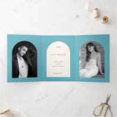 Camila Aqua Arch Modern Wedding Save the Date Drieluik Aankondiging (Binnen)