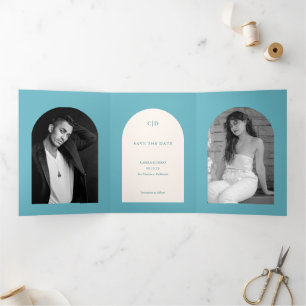 Camila Aqua Arch Modern Wedding Save the Date Drieluik Aankondiging