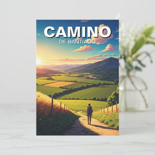 Camino de Santiago Hiker Wandeltocht Zonsondergang Feestdagenkaart (Staand voorkant)