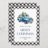 Camion bleu noir blanc plaid Joyeux carte de Noël (Devant / Derrière)