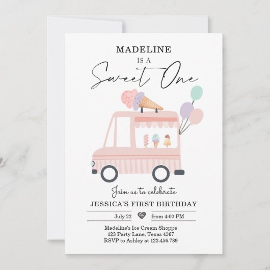 Camion crème glacée 1er anniversaire Invitation ro (Devant)