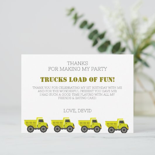 Camion de construction Anniversaire Carte Merci (Debout devant)
