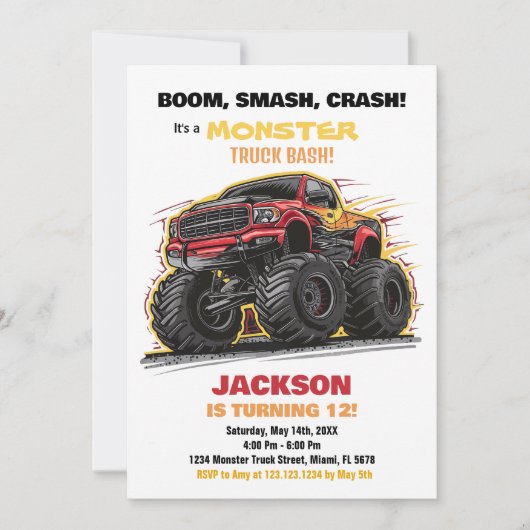 Camion Monster jaune rouge Invitations d'anniversa (Devant)