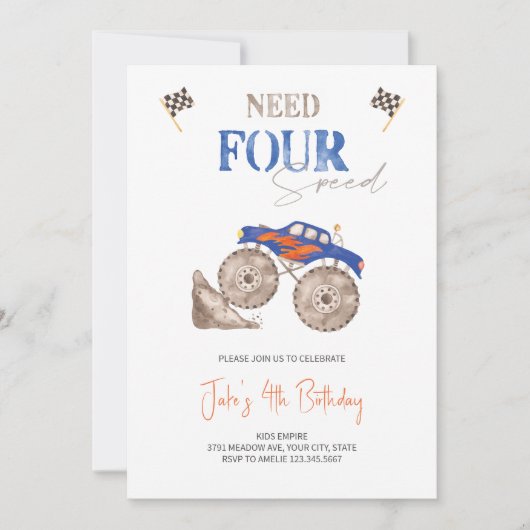 Camion Monstre Bleu Fiery 4e Invitation (Devant)