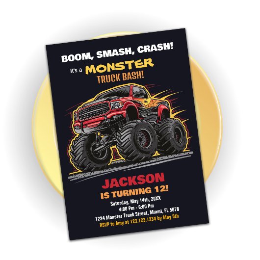 Camion Red Black Monster Invitations Anniversaire