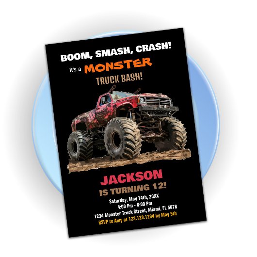 Camion Red Black Monster Invitations Anniversaire