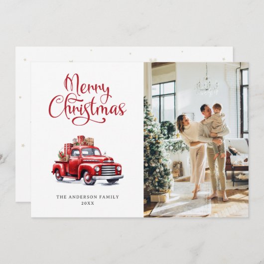 Camion Rouge Snowflakes Photo Joyeux Noël Carte (Devant / Derrière)