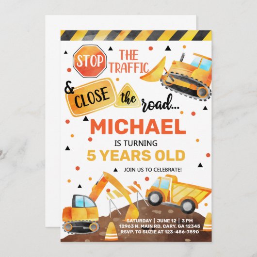 Camions de construction garçon invitation d'annive (Devant / Derrière)