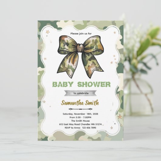 Camo Bow Baby Shower Invitation Kaart (Staand voorkant)