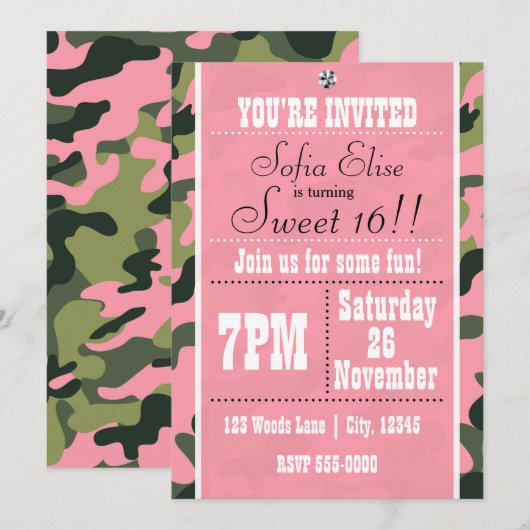 Camo Camouflage & Pink Anniversaire Invitation (Devant / Derrière)