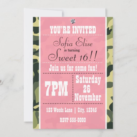 Camo Camouflage & Pink Anniversaire Invitation (Devant)