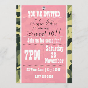Camo Camouflage & Pink Birthday Party Invitation Kaart