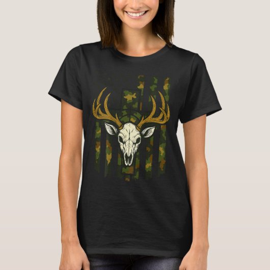 Camo Deer Hunting Elk Skull American Flag Youth Bo T-shirt (Voorkant)