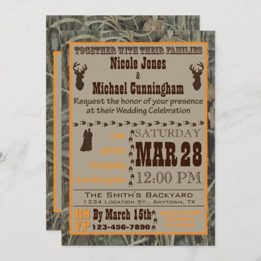 Camo et Faire-part de mariage de chasse à l'orange (Devant / Derrière)