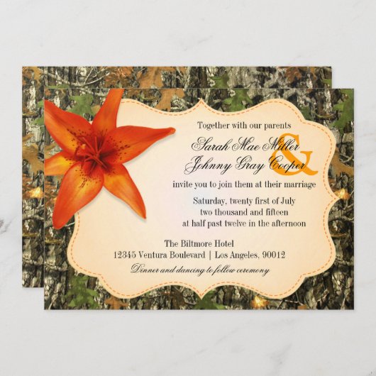 Camo et Orange Lily Faire-part de mariage (Devant / Derrière)