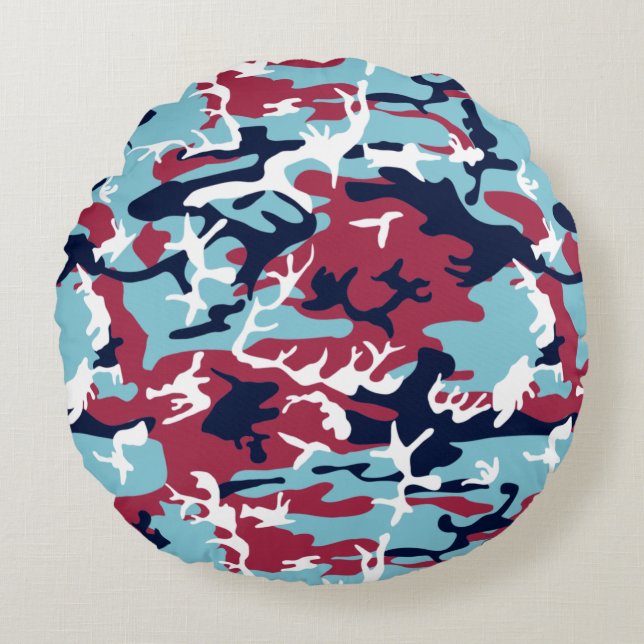 Camo Pattern - Burgundy Navy Blue White Rond Kussen (Voorkant)