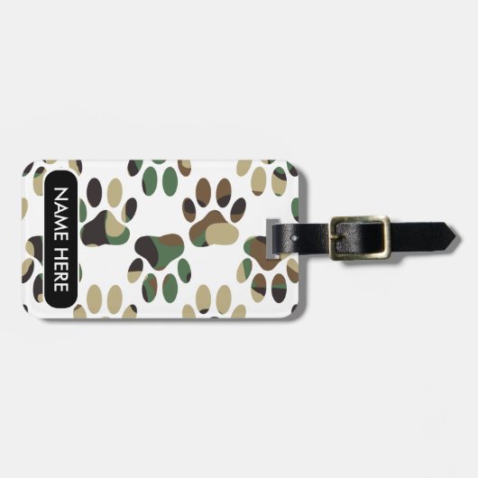 Camo Pattern Dog Paw Print Custom Name Bagagelabel (Voorkant horizontaal)