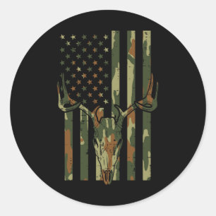 Camo Us Flag Deer Skull Hunting Patriotic Ronde Sticker