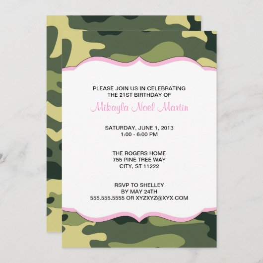 Camo vert avec Invitation de fête d'anniversaire r (Devant / Derrière)