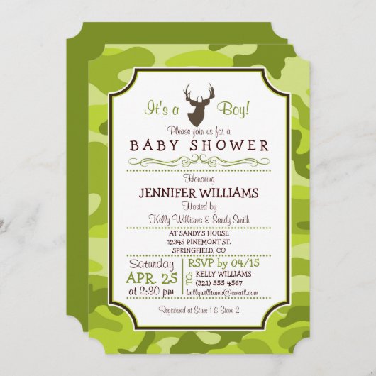 Camo Vert, Cerf ; Invitation Baby shower Garçon (Devant / Derrière)