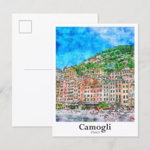 Camogli Italië Reizen Waterverf Hand getekend Briefkaart
