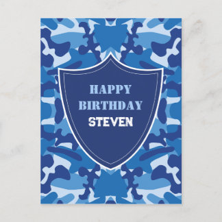 Camouflage Blauw Camo Legerpatroon Monogram Briefkaart