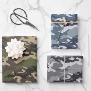 Camouflage, blauw en grijs inpakpapier vel