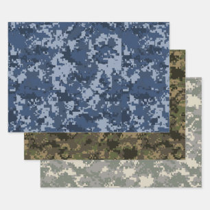 Camouflage blauw, groen en beige pixel inpakpapier vel