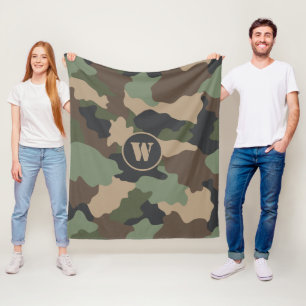 Camouflage Camo Khaki Green Tan Black Monogram Fleece Deken