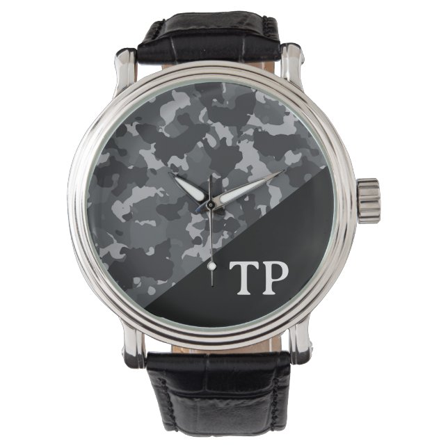 Camouflage Camo Monogram Gepersonaliseerd Horloge (Voorkant)