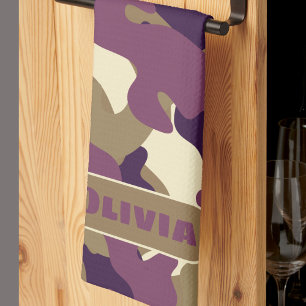 Camouflage camo paarse groene keukendecor handdoek