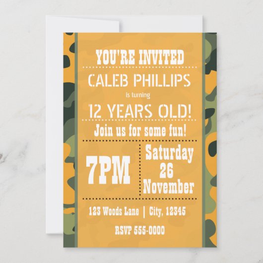 Camouflage de l'armée orange Invitations de fête d (Devant)