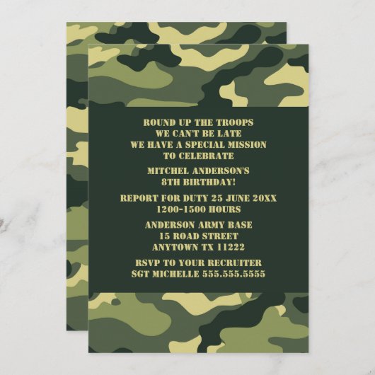 Camouflage Invitation de fête d'anniversaire - Cam (Devant / Derrière)