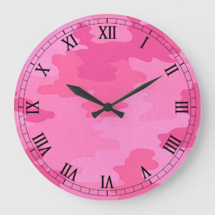 Camouflage rose vif Numéros romains ronds Horloge