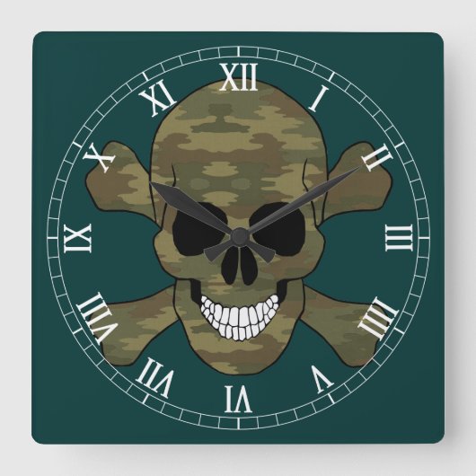 Camouflage Skull en Crossbone Roman Numeral Clock Vierkante Klok (Voorkant)