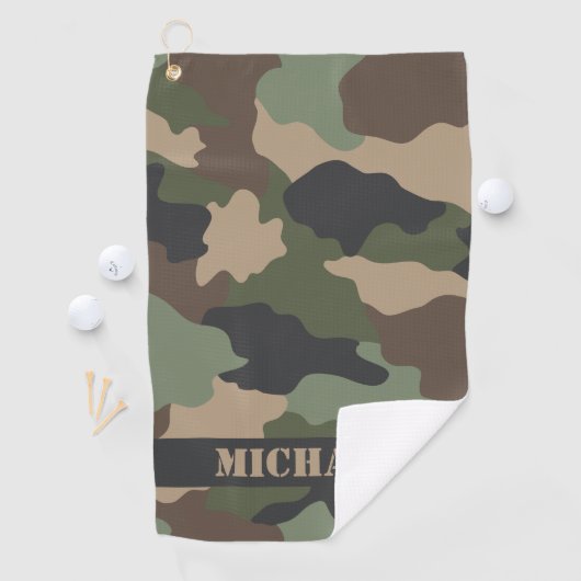 Camouflage Woodland Camo Militaire Khaki Monogram Golfhanddoek (Insitu)