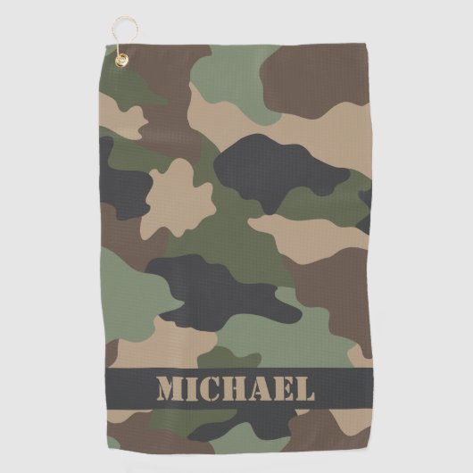 Camouflage Woodland Camo Militaire Khaki Monogram Golfhanddoek (Voorkant)