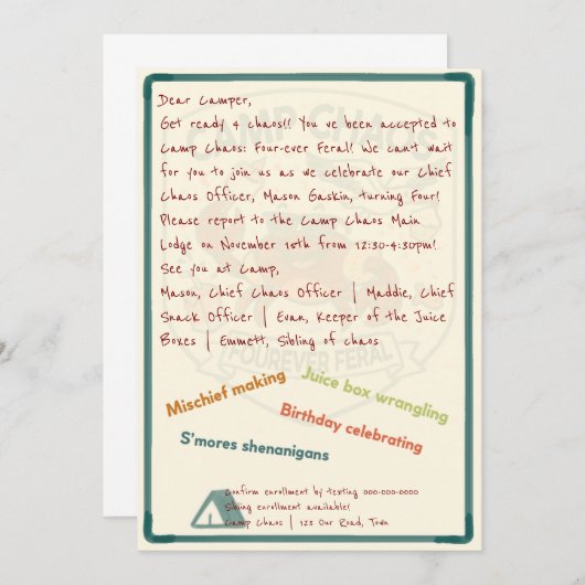 Camp Chaos: Forever Feral 4th Birthday Invitation (Devant / Derrière)