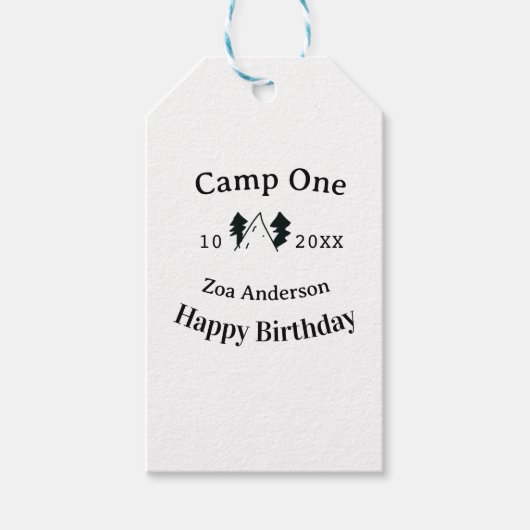 Camp one happy birthday name date campingadventure cadeaulabel (Voorkant)