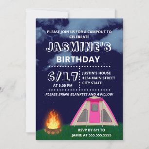 Camp rose dehors Invitation de fête d'anniversaire