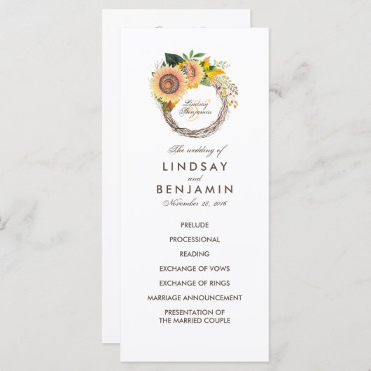 Campagne Tournesols Wreath Programmes de mariage (Devant / Derrière)