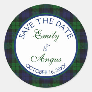 Campbell Black Horloge Tartan Bruiloft Save a Date Ronde Sticker