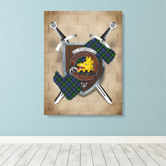 Campbell Clan Badge Crossed Swords Canvas Print (Insitu (Houten vloer))