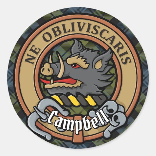 Campbell Crest over Tartan Ronde Sticker (Voorkant)